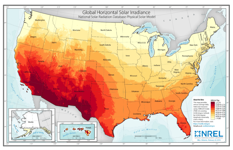 solar radiation map of the USA