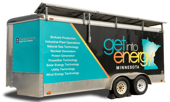 blue and black energy trailer that reads "get into energy"